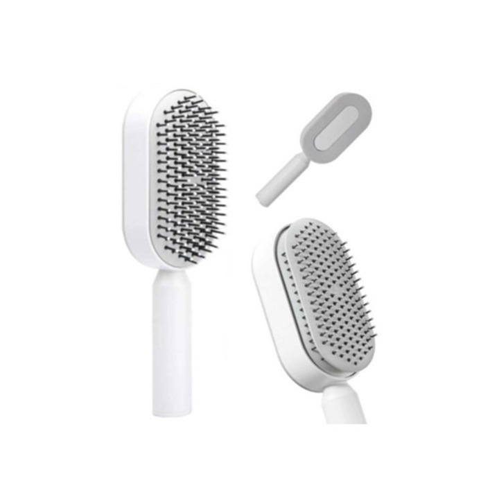 Perie de par auto-curatata, alba, cu bila pentru incalceli si noduri