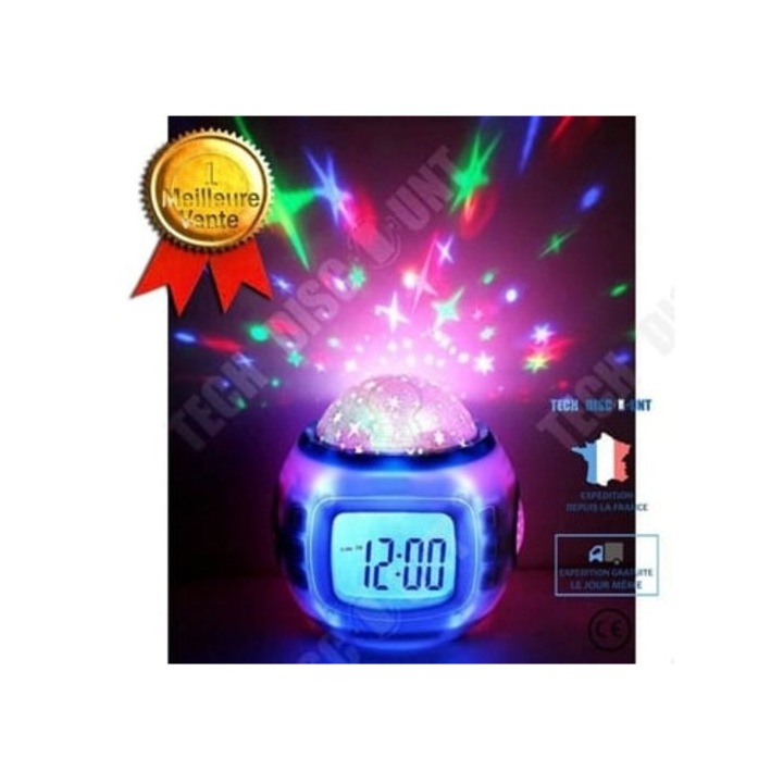 Ceas decorativ pentru copii cu proiectie de stele, functie de muzica si snooze, roz, Aquaforge