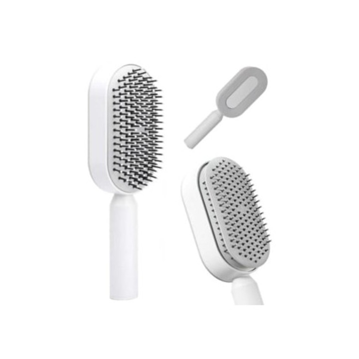 Perie de par auto-curatata, alba, cu bila pentru incalceli si noduri