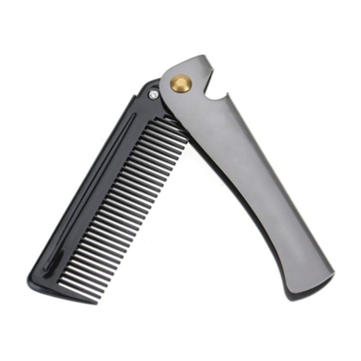 Pieptene pliabil pentru barba, din inox negru, rotund