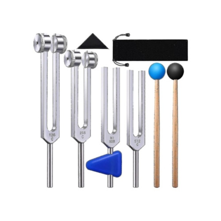 Hangharmonizáló szett kalapácsokkal, 4 darab, 128Hz, 256Hz, 512Hz, 528Hz
