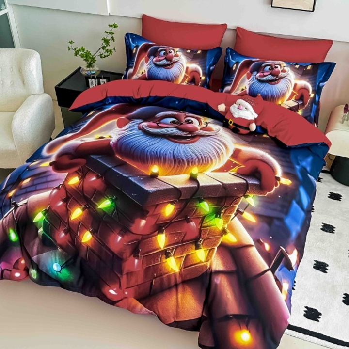 Lenjerie de Pat Dublu, Jojo Home, Imprimeu Digital 5D Craciun, Seara de Craciun, 6 piese, Finet, 180x200cm, Multicolor