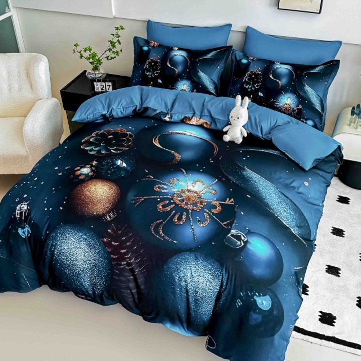 Lenjerie de Pat Dublu, Jojo Home, Imprimeu Digital 5D Craciun, Ornamente de Craciun, 6 piese, Finet, 180x200cm, Bleumarin-Auriu