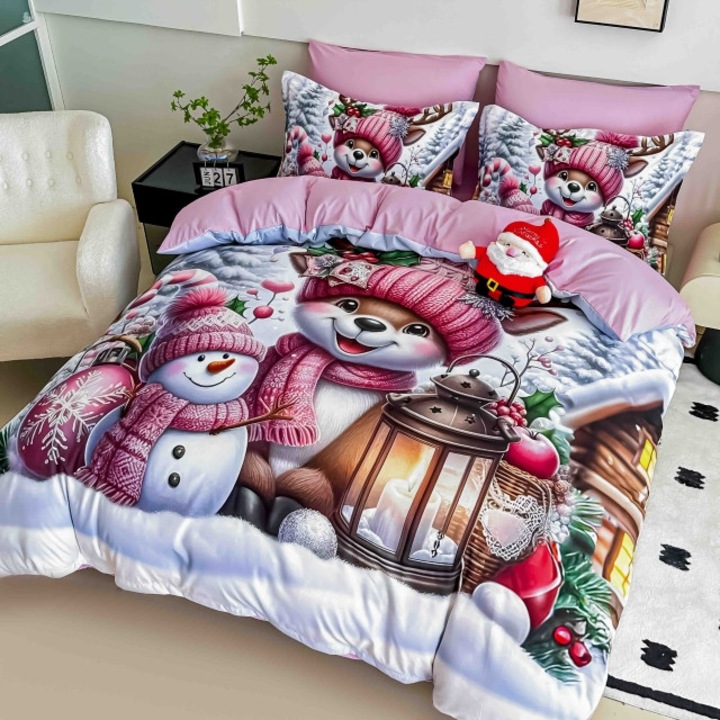 Dupla Ágynemű, Jojo Home, Digitális 5D Karácsonyi Nyomtatás, Rózsaszín Karácsony, 6 részes, Finet, 180x200cm, Többszínű