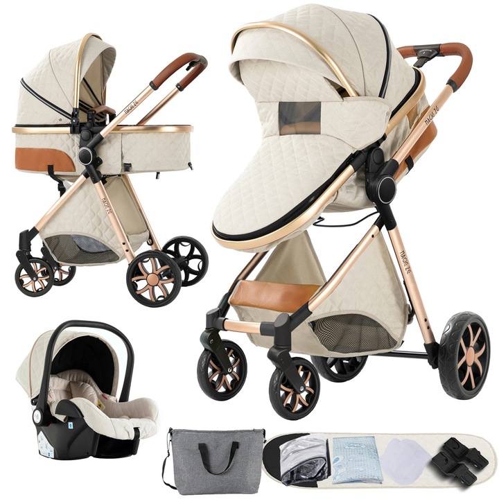 Carucior 3-in-1, alb, design pliabil, cadru usor, pentru bebelusi si copii mici