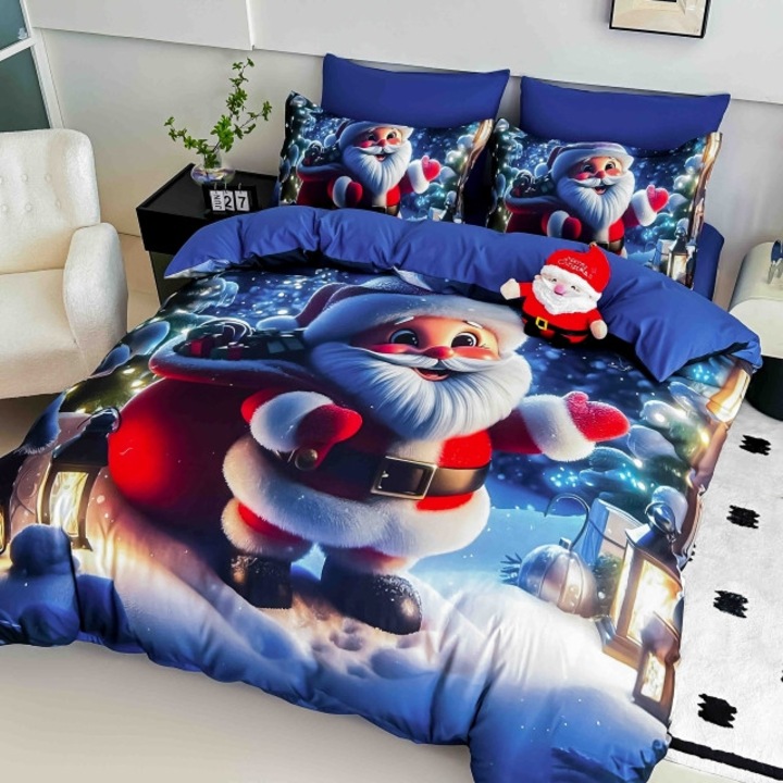 Lenjerie de Pat Dublu, Jojo Home, Imprimeu Digital 5D Craciun, Mos Craciun, 6 piese, Finet, 180x200cm, Multicolor