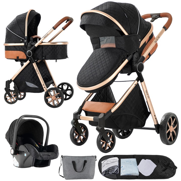 Carucior 3-in-1, negru cu auriu, design pliabil, material din bumbac, capacitate 20kg