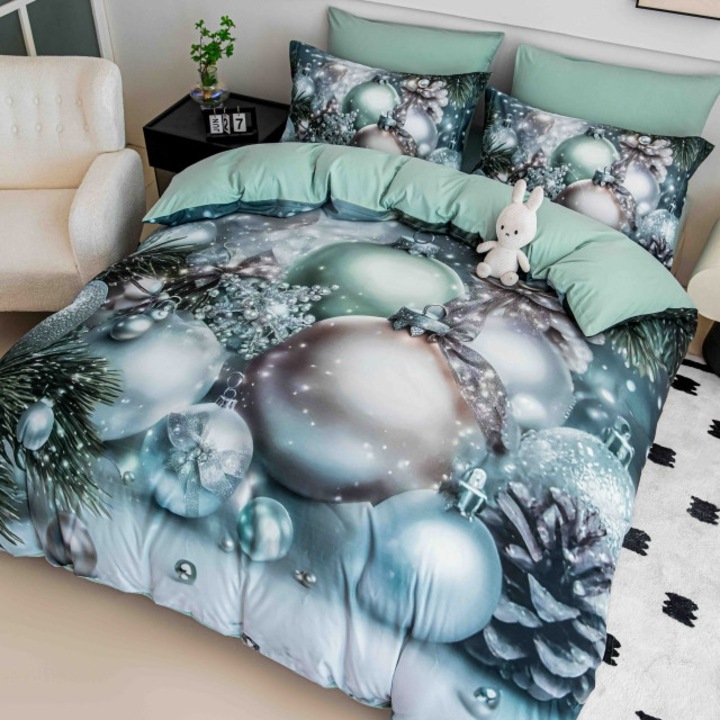 Спално бельо за двойно легло, Jojo Home, 5D дигитален принт Коледа, Коледни орнаменти, 6 части, фин памук, 180x200cm, зелено-сребристо