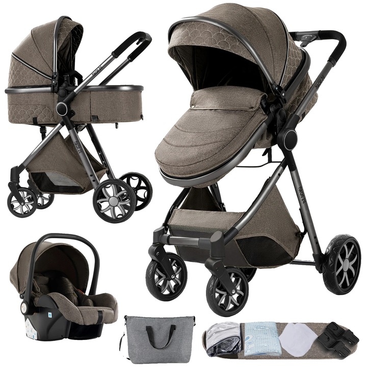 Carucior 3-in-1, maro, 20kg, pliabil, cu roti stabile