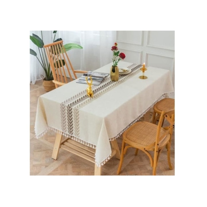 Tesatura din bumbac si in impermeabila cu broderie florala si frunze, cu ciucuri, rectangulara - 110x170cm