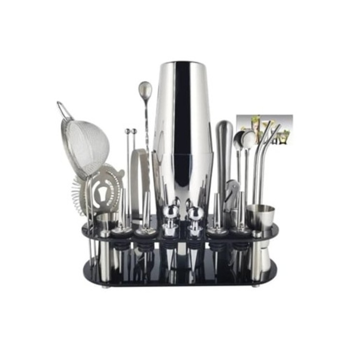 Set de 22 piese shaker cocktail Boston 750ml, unelte bar, Slowmoose