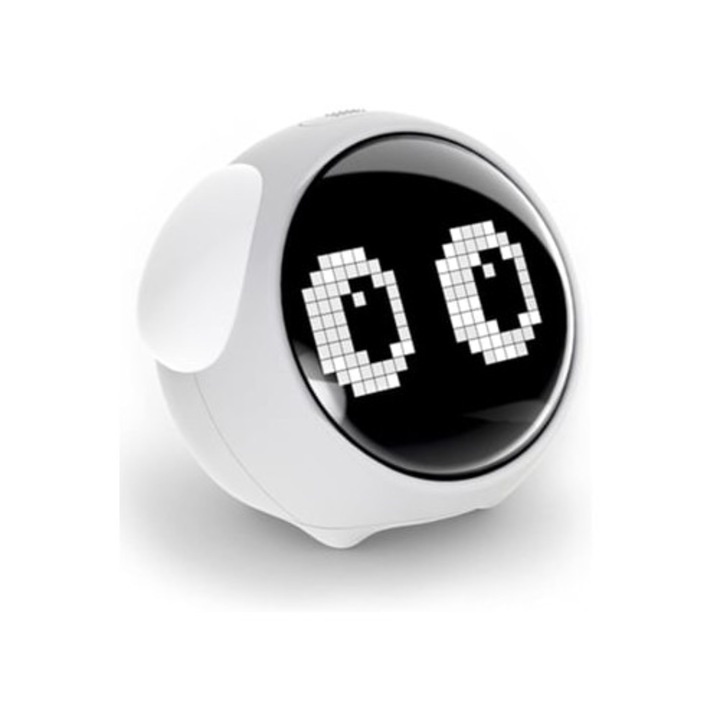 Ceas desteptator pentru copii, alb, cu alarma dubla, lumina de noapte, control vocal, detectie temperatura