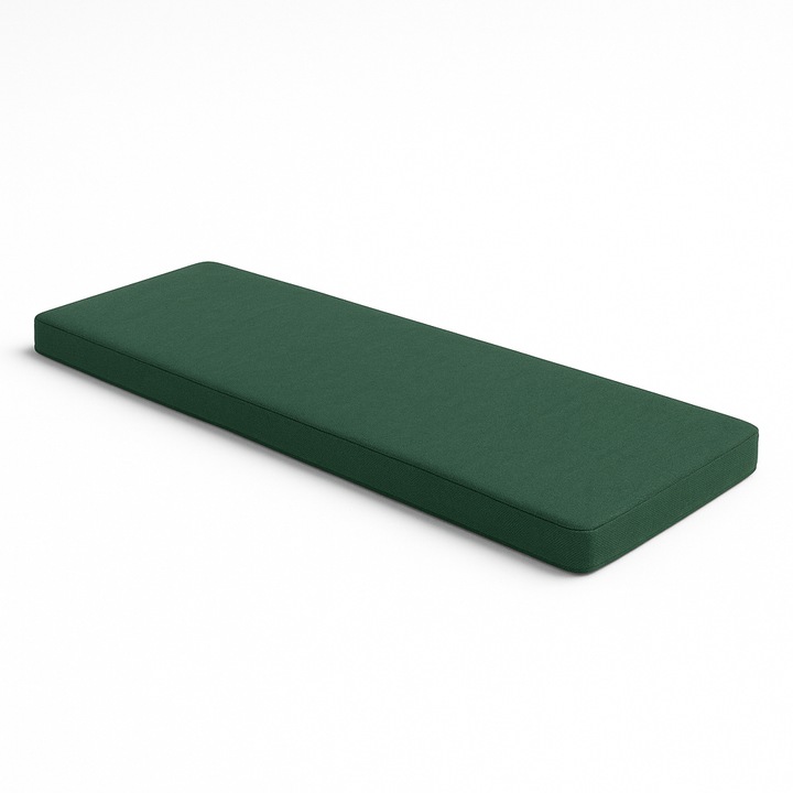 Възглавница за пейка, Ferocity, 220x25x3 см, зелена, пълнеж от силиконови топчета за комфорт и еластичност, свалящ се калъф, дебел пълнеж от 3 см, опции за закрепване с тапицерски ленти или без закрепване