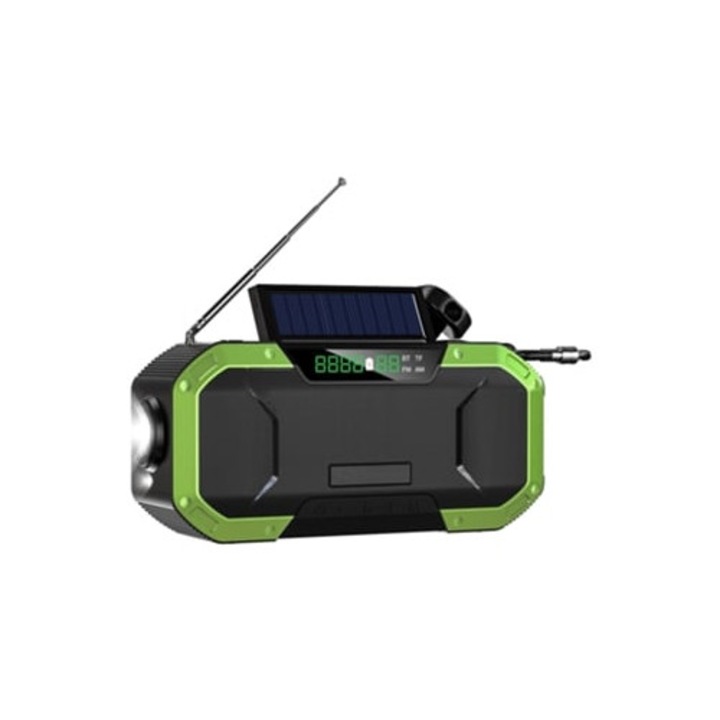 Radio de urgenta multifunctional, cu panouri solare, optiuni de incarcare duala, busola, pentru interior si exterior
