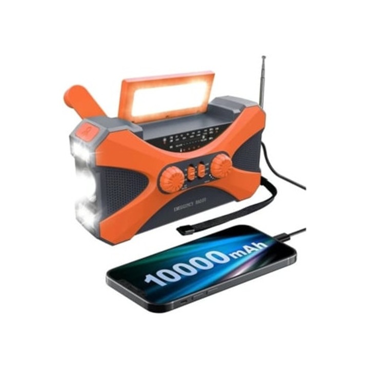 Radio de urgenta portabil Solvev 10000mAh AM/FM/NOAA cu incarcator pentru telefon si lanterna, portocalie