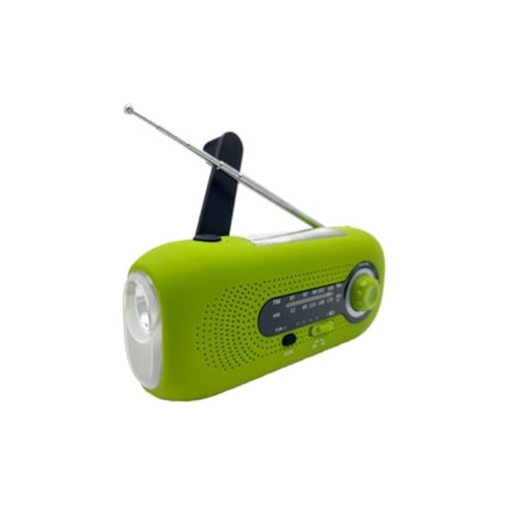 Radio portabil de urgenta cu solar si manivela, 2000mAh, AM/FM, verde