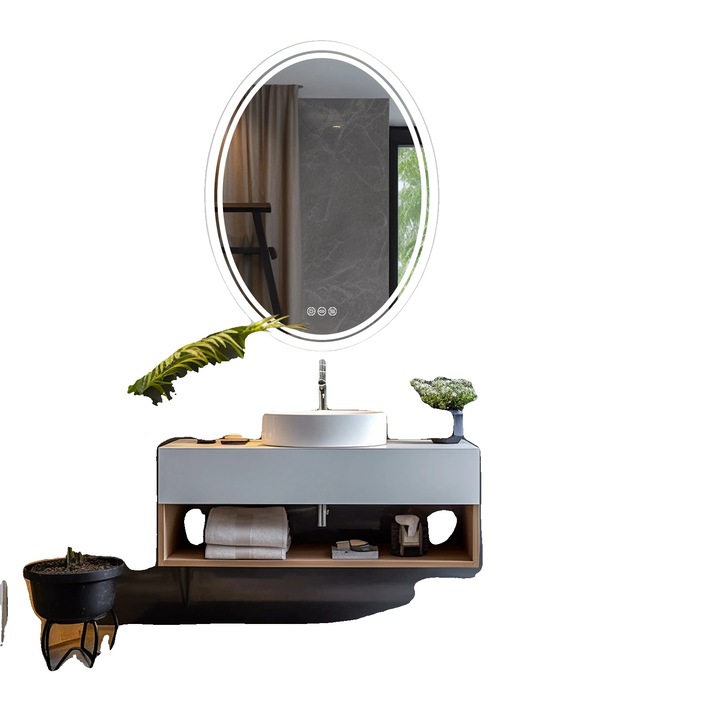 Кръгло огледало за баня, 24x32 инча, регулируемо осветление, технология против замъгляване, конструкция от алуминий и стъкло