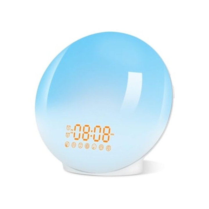 Ceas desteptator radio cu simulator de rasarit si apus, 20 de lumini, functie snooze, 165x165x70mm
