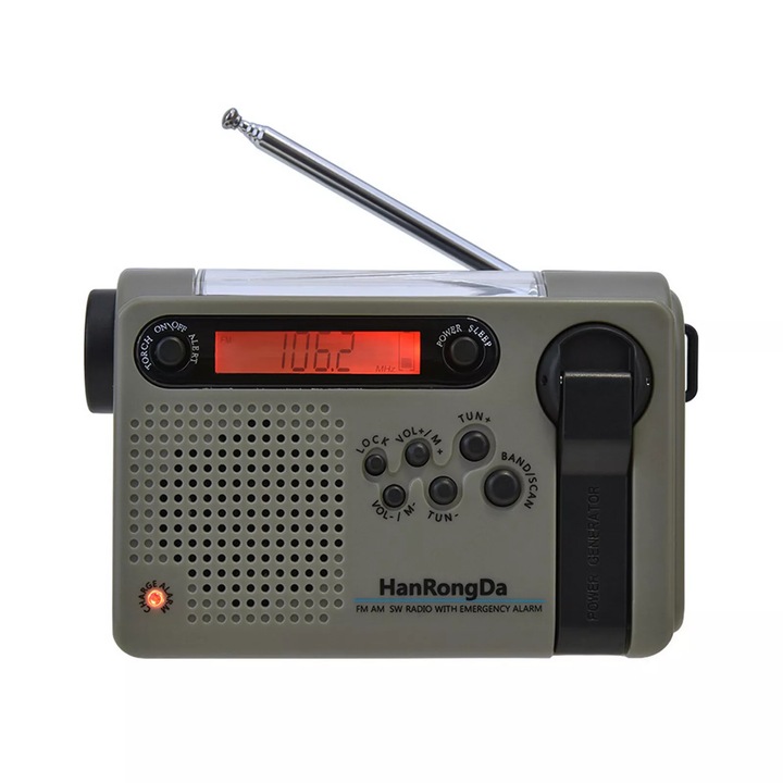 Radio solar portabil, AM FM SW, lanterna de urgenta cu manivela, verde