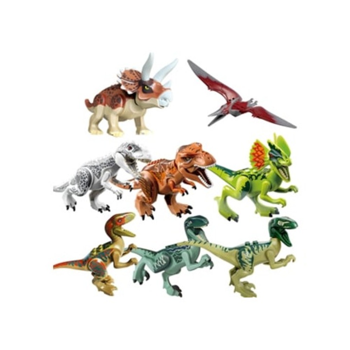 Set 8 Figurine Blocuri de Constructie Dinosaur T Rex, Multicolor, Aquaforge