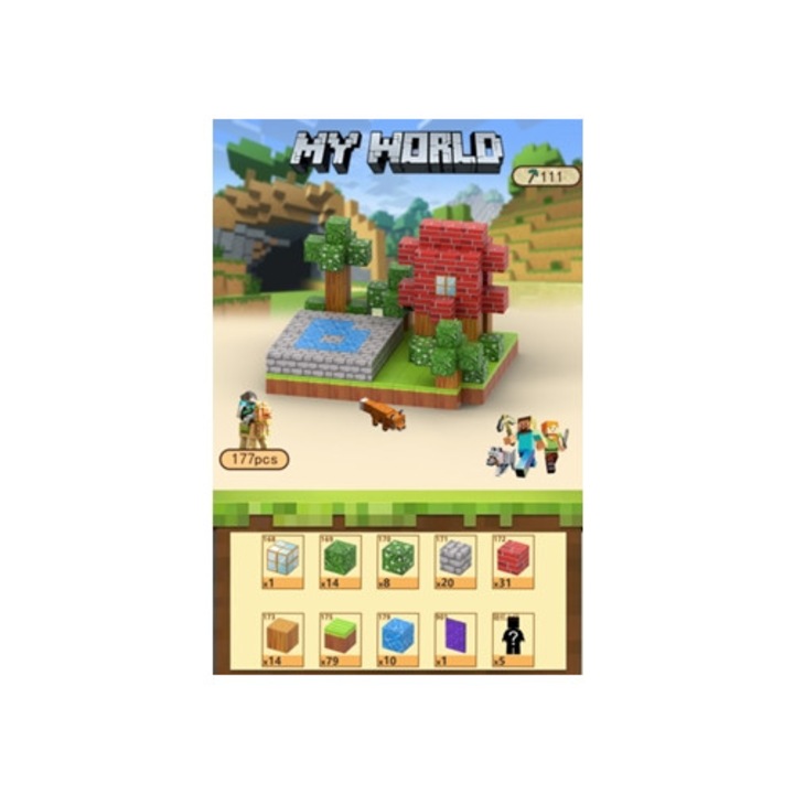 Комплект за конструиране Minecraft, 177 магнитни блокчета с 5 фигурки, многоцветен