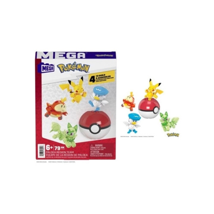 Set de constructie Mega Pokemon cu 4 figurine si 1 Poke Ball, 79 piese