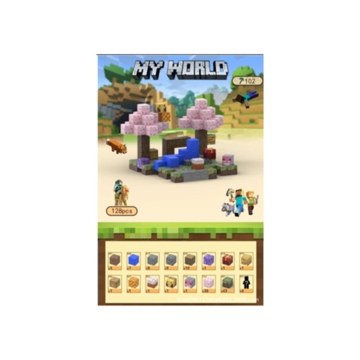 Комплект за изграждане Minecraft, 128 магнитни блока, 4 кукли Aquaforge, черешови цветове