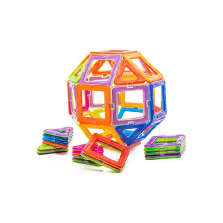 Set de constructie, 80 piese, placi magnetice, roti de masina, multicolor