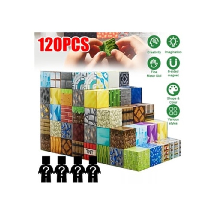 Set de constructie 120 piese blocuri magnetice educationale Minecraft Aquaforge