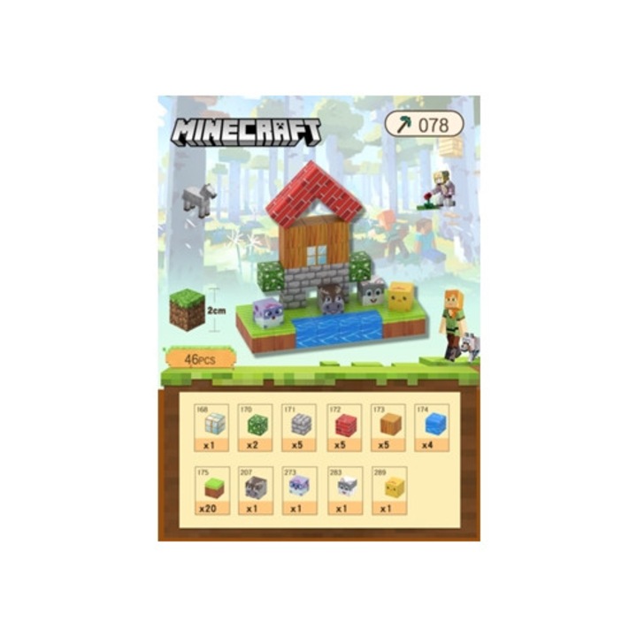 Set de constructie Minecraft, 46 cuburi magnetice cu 6 fete, multicolor
