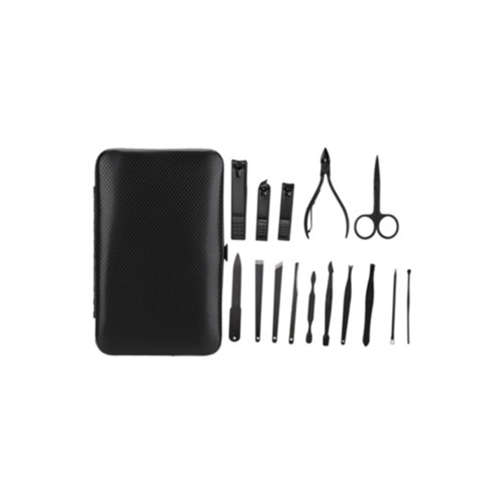 Set trusa manichiura 15 piese, otel inoxidabil, negru