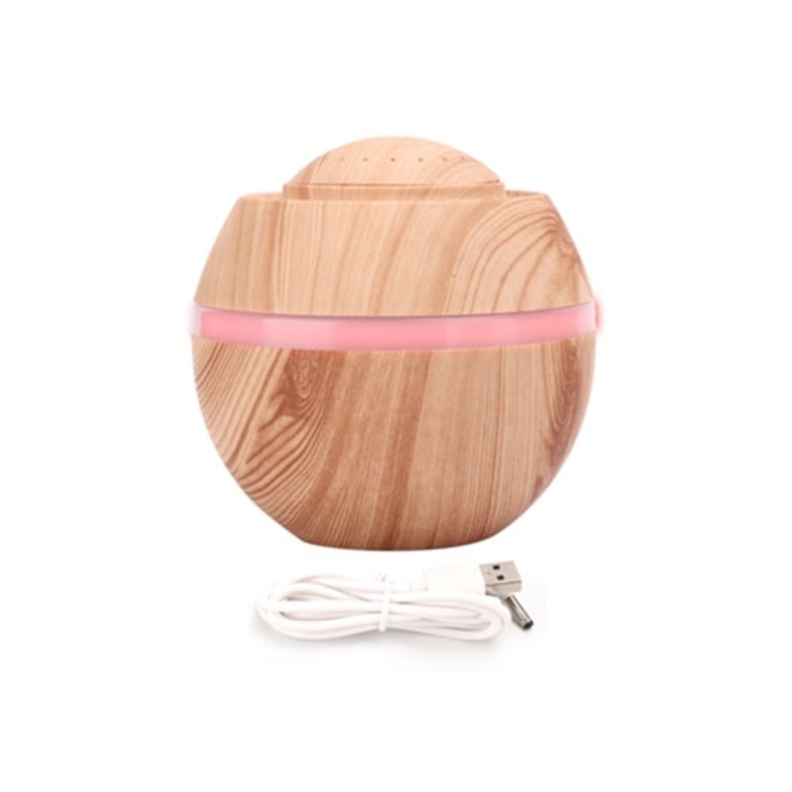 Mini USB 500 ml-es párásító fa mintás kialakítással, színes éjszakai fénnyel