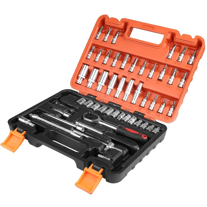Set de chei cu ratchet, 53 piese, constructie metalica durabila, portocaliu-rosu, 25x20x5.5cm