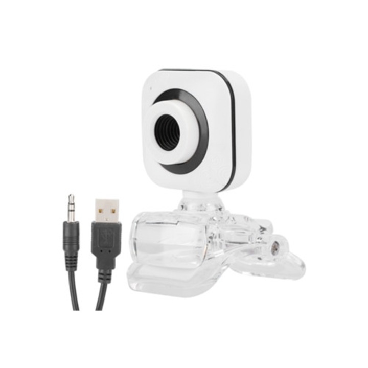Webkamera 480P, beépített mikrofonnal, fehér, átlátszó csipesszel