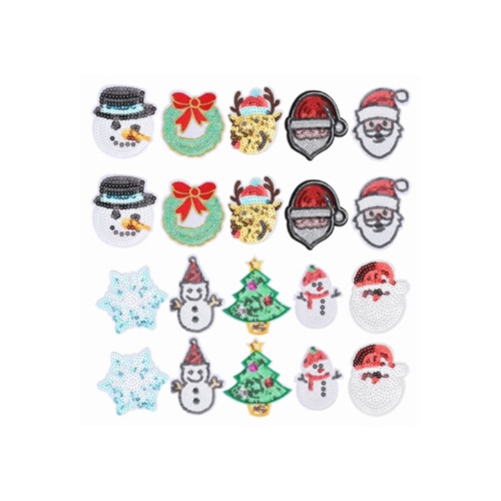 Set 20 patch-uri adezive brodate tematice de Craciun pentru cusut si decorat haine