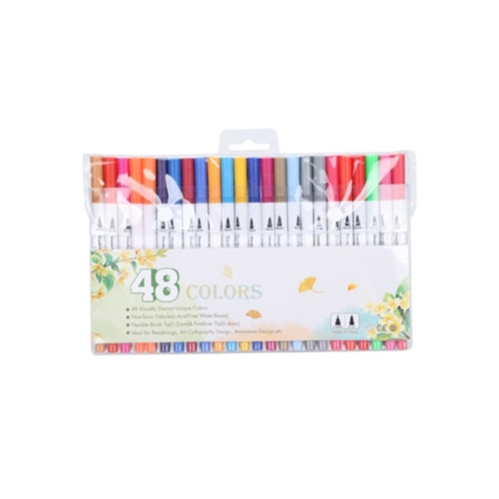 Set Markere Permanente 48 Bucati, Culori Asortate, Punct Fin, Dublu Varf