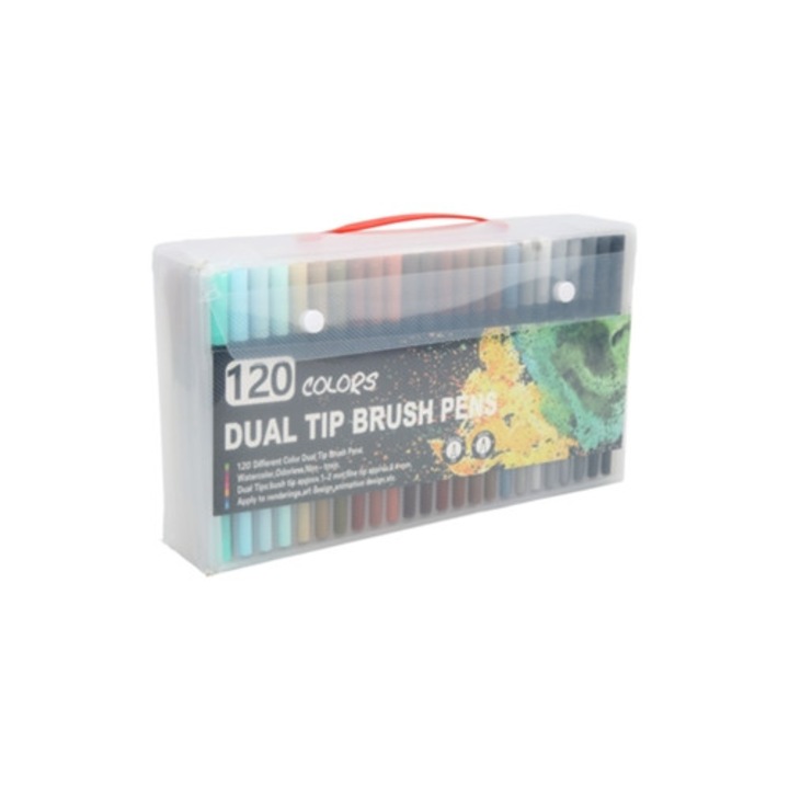 Set de carioci cu doua capete, 120 culori, cu carcasa transparenta