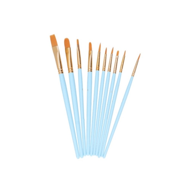 Set pensule acuarela, 10 piese, maner din lemn, nylon si lana, albastru deschis