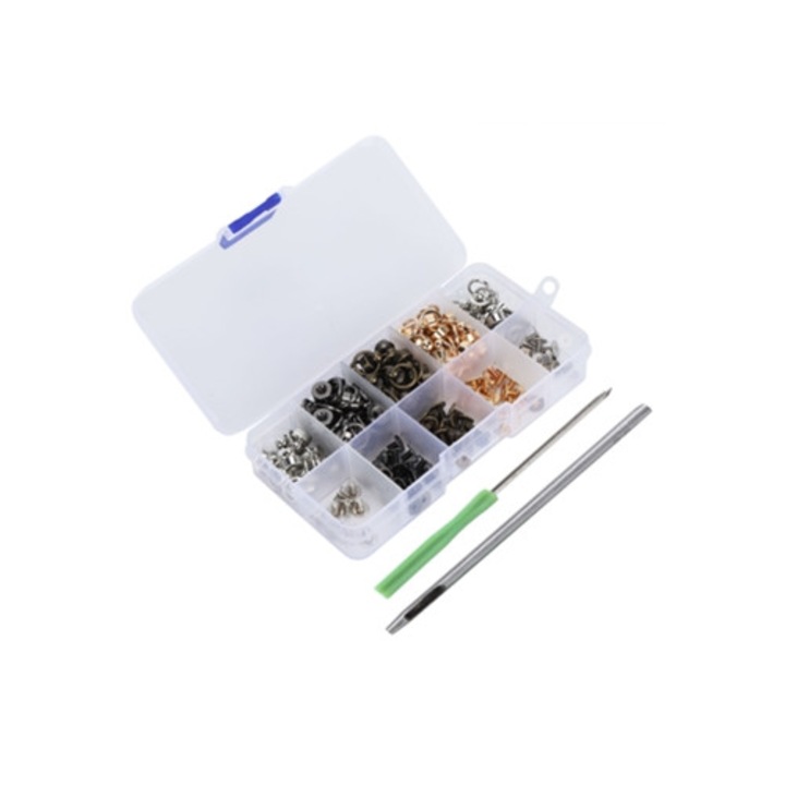 Szegecskészlet gyűrűkkel és golyókkal, kiegészítők cumik, ruhák és kézműves tárgyak díszítéséhez