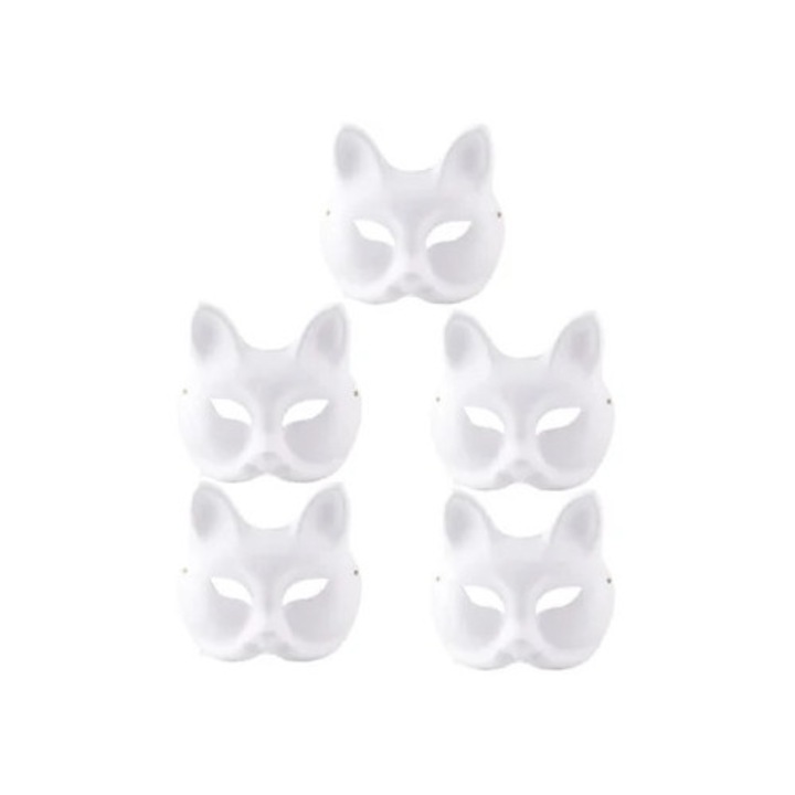 Set de 5 masti faciale albe pentru adulti, masti cu fata de pisica desenate manual, pentru Halloween, costum sau petrecere