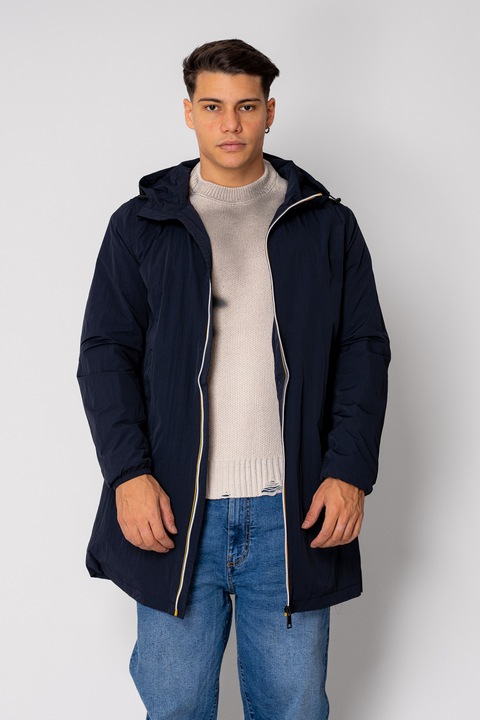 Hosszú steppelt kabát cipzárral és kapucnival, tengerészkék 18936, Tengerészkék