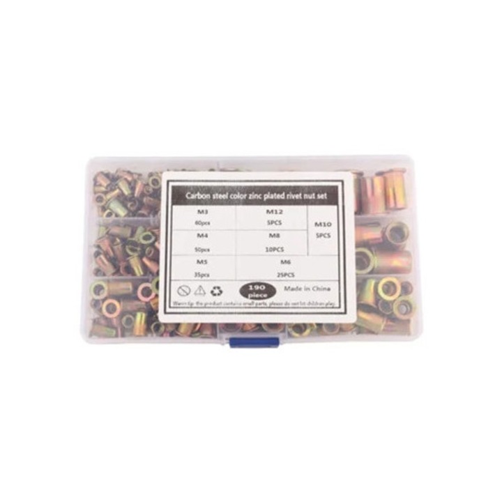 Set piulite cap plat, 190pcs, M3 M12, otel carbon, filet femela acoperit