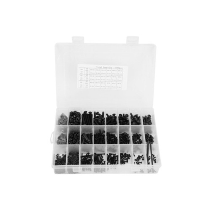 Set 1080 piese suruburi, piulite si saibe din otel carbon negru cu cheie