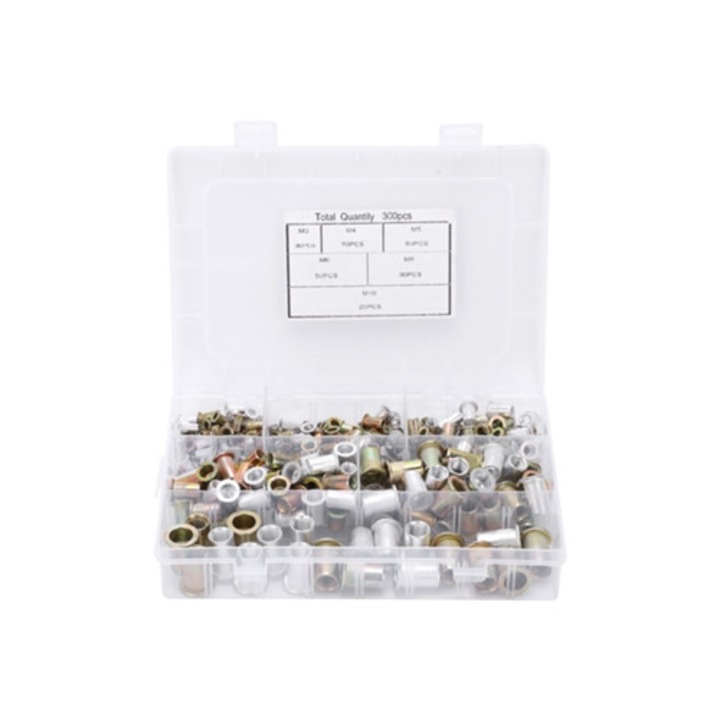 Set de 300 piulite cap din otel carbon cu insertii filetate, 6 specificatii