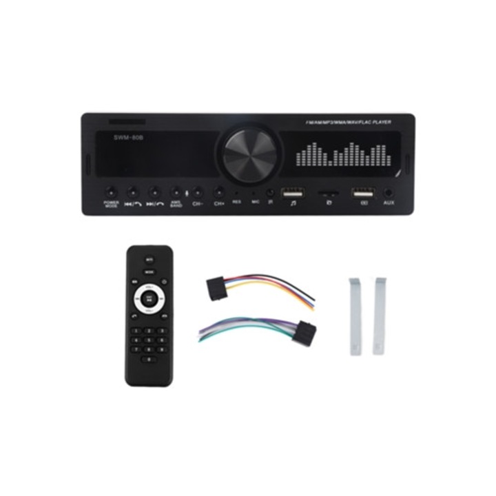 Player audio auto Single Din Bluetooth MP3 távirányítóval és hangvezérlés támogatással, SWM 80B