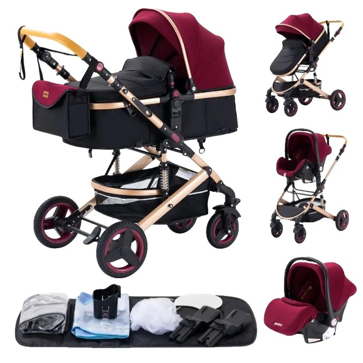 Carucior 3 in 1, rosu, design usor si portabil, accesorii confortabile, capacitate de incarcare >20 KG