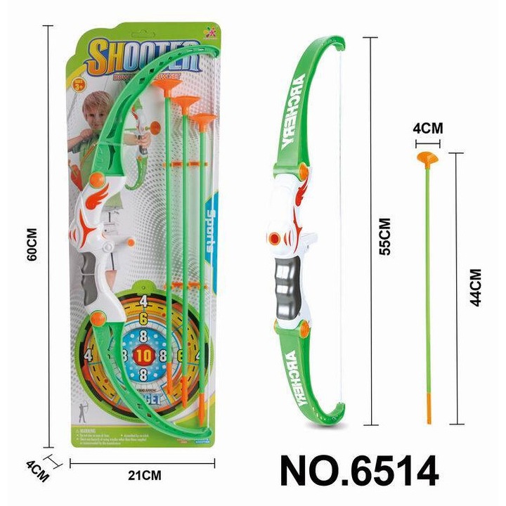 Íjkészlet nyilakkal gyerekeknek, Maksik, 4 elemes, zöld-narancssárga, 55x44cm