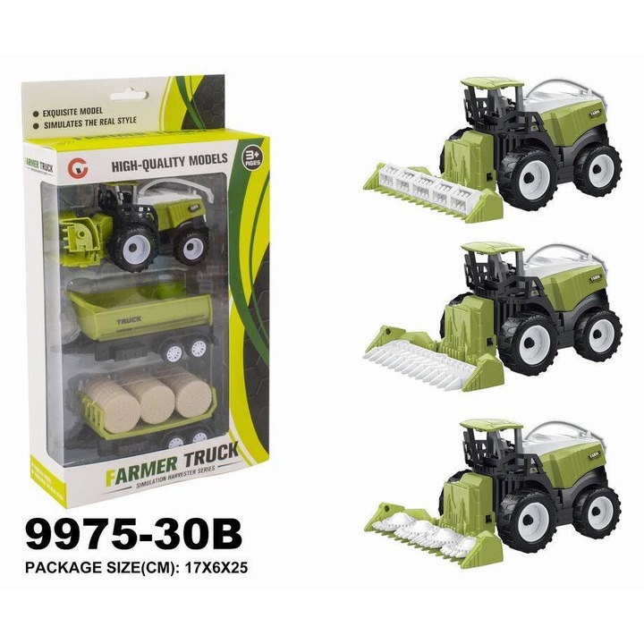 Set tractor agricol cu remorca, Maksik, design modern, elemente interschimbabile, 17x6x25cm