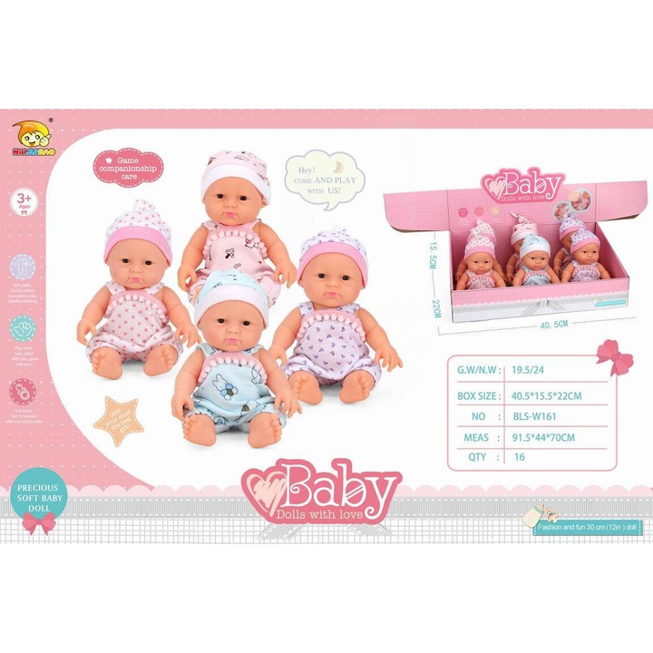 Set 4 papusi Maksik, 30cm, pastelate, din materiale moi, pentru copii de la 3 ani