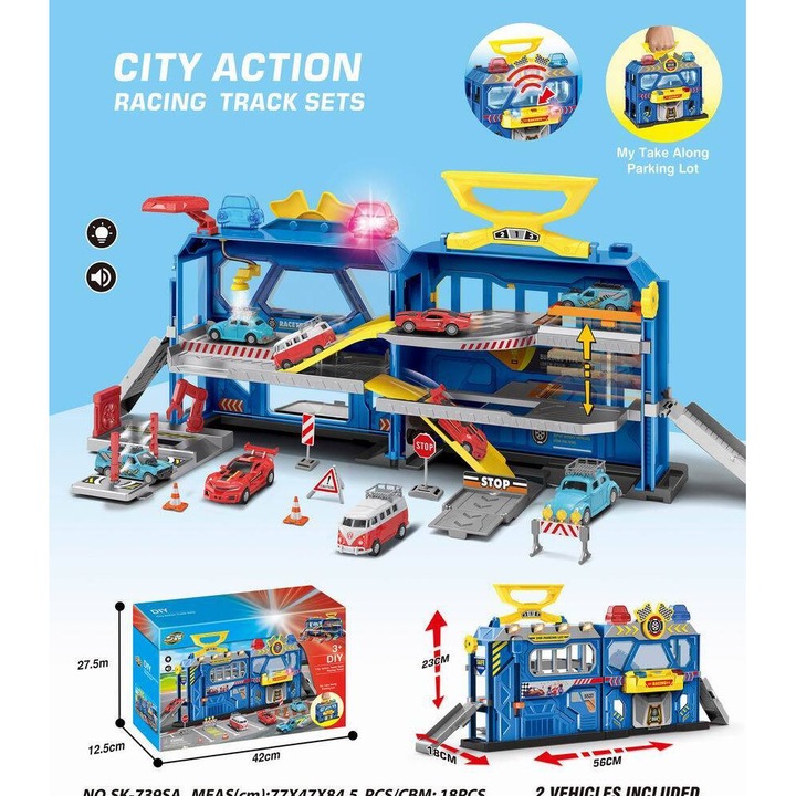 CITY ACTION versenypálya játékszett, 2 autó, 18 darab, 56x18x23cm, többszínű